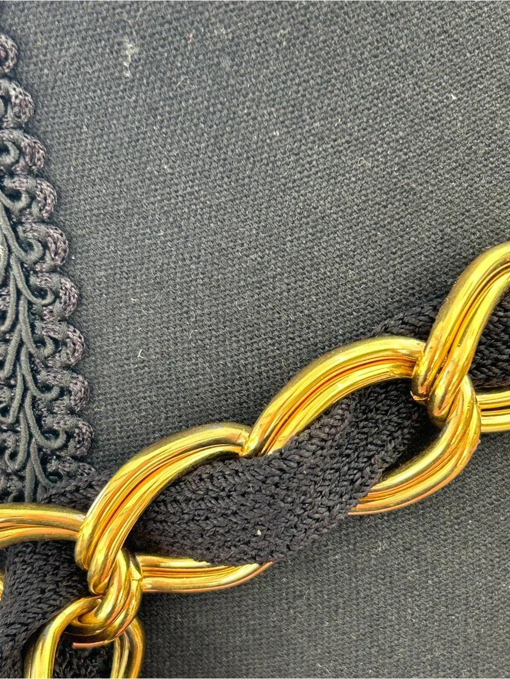 Couture style chunky gold tone and black textile woven chain belt